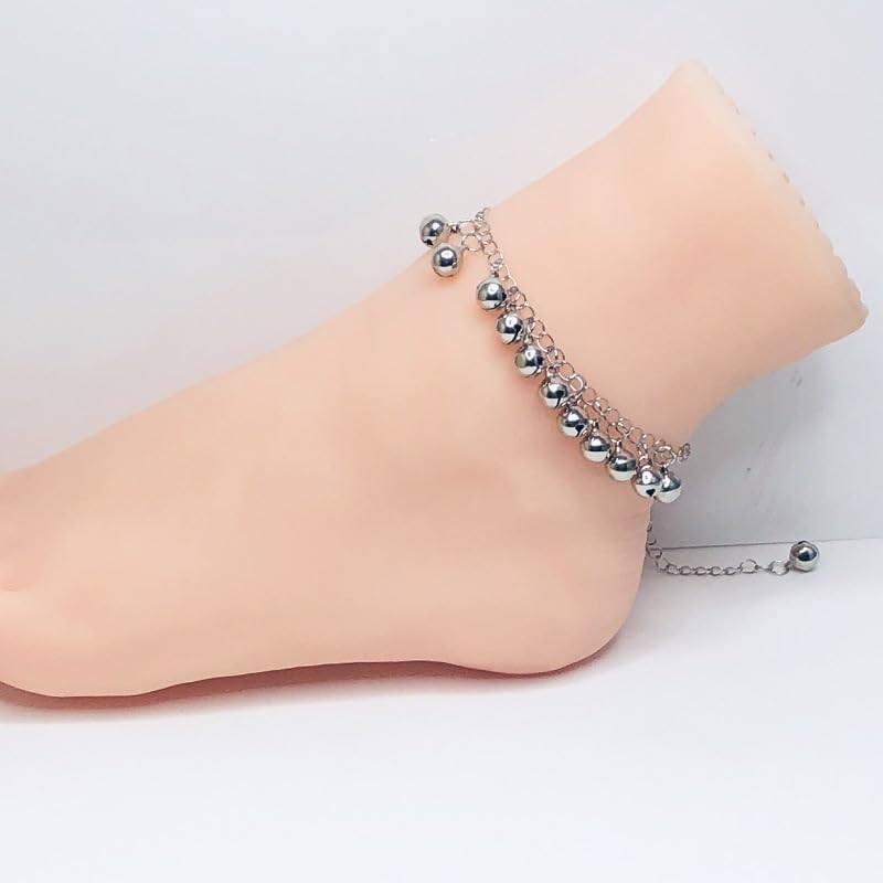 2 Pcs Set Boho Bell Tassel Anklet Bracelet Vintage Sounds Bells Beaded Adjustable Charm Ankle Foot Chain Indian Barefoot Goth Hippie Anklets Summer Beach Belly Dance Jewelry for Women - color: Silver