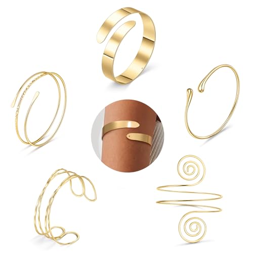 Giovanchi 5 Pieces Arm Cuff Upper Arm Band Cuff Bracelets for Women Adjustable Armband Set - style: D-Gold