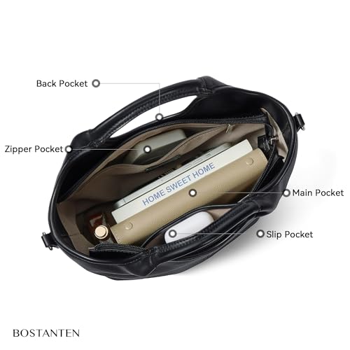 BOSTANTEN Vegan Leather Purses for Women Soft Top Handle Satchel Crossbody Zipper Handbag with Detachable Shoulder Strap - color: Black
