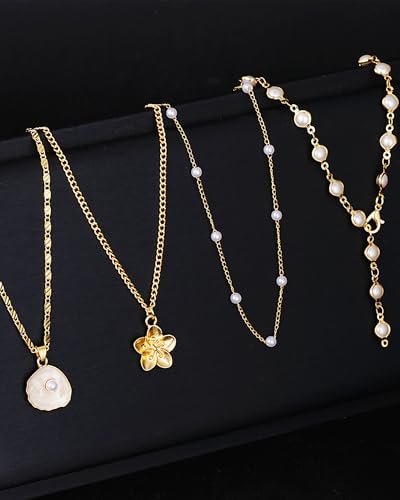 Layered Gold Flower Shell Pearl Necklaces for Women Long Pearl Y-Shaped Necklace Trendy Gold Flower Shell Pendant Necklace Dainty Pearls Choker Summer Jewelry Accessories Gift - color: A1：gold