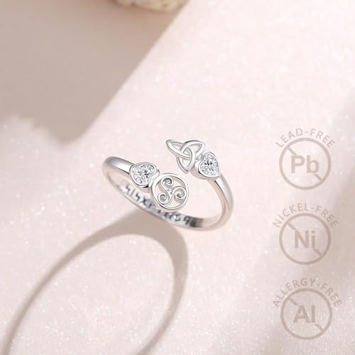 Vito 925 Sterling Silver Adjustable Open Spoon Ring for Women Men, Lotus Sunflower Snake Spoon Band Rings Feather Hug Witches Knot Inspirational Jewelry Gift for Wife - style: Trisquel and Triquetra