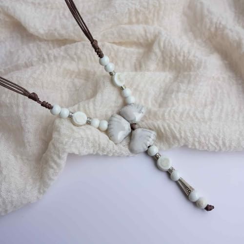 Boho Style Colorful Ceramic Bead Strand Necklace Adjustable Bohemian Jewelry Gift for Women, Fashion Clothing Matching Necklace - color: Beige White