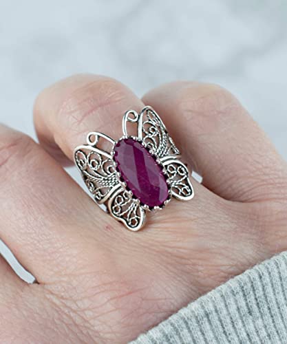 Filigranist Sterling Silver Filigree Art Butterfly Women Cocktail Ring with Gemstones - color: Ruby Corundum