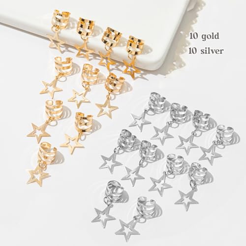 20Pcs Hollow Star Hair Cuffs - Metallic Gold Silver Braid Rings for Dreadlocks, Twists, Braids | Boho Hair Jewelry Clip Ins for Women - color: Gold Silver