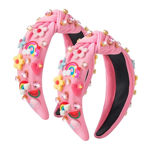 PANTIDE 2Pcs Floral Jeweled Knotted Headband - Rainbow Rhinestone Crystal Embellished Headband Wide Top Knot Fashion Hairband Hair Accessories Summer Birthday Back To School Gift for Women Girl (Pink) - color: Pink Floral 2Pcs