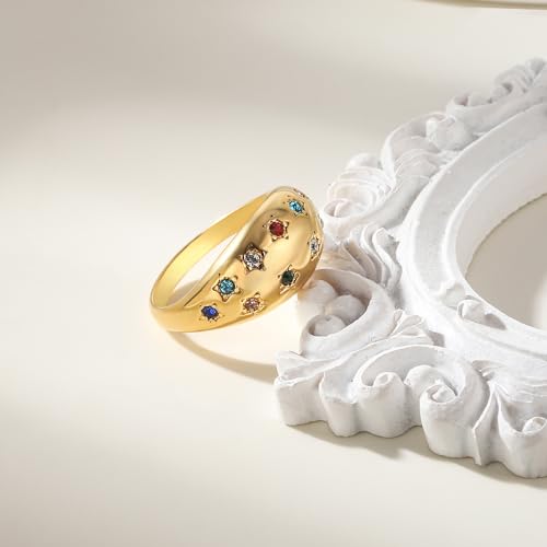 Gold Silver Rings Set for Women Chunky Statement Rings ZC Dome Evil Eye Croissant ring Thick 18K Gold Plated Band Rings - color: multi cz, size: 8