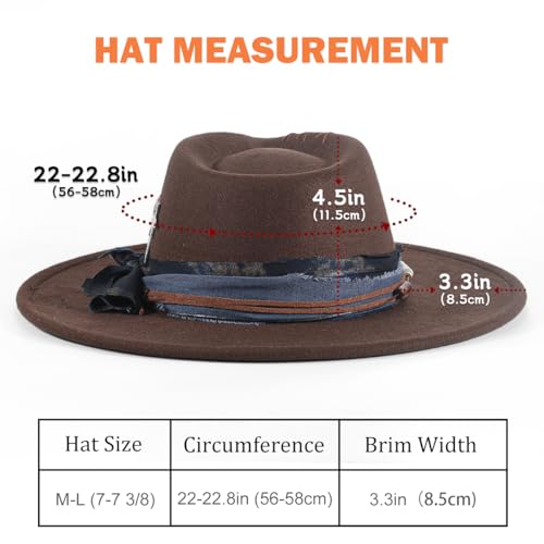 Womens Boho Fedora Hat Wide Brim Fedora Mens Handmade Flat Brim Hats - color: Chocolate
