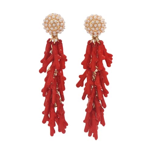Red Coral Drop Earrings for Women, Boho Statement Tassel Earrings with Pearl Studs, Vintage Ocean Inspired Dangle Jewelry for Party and Vacation