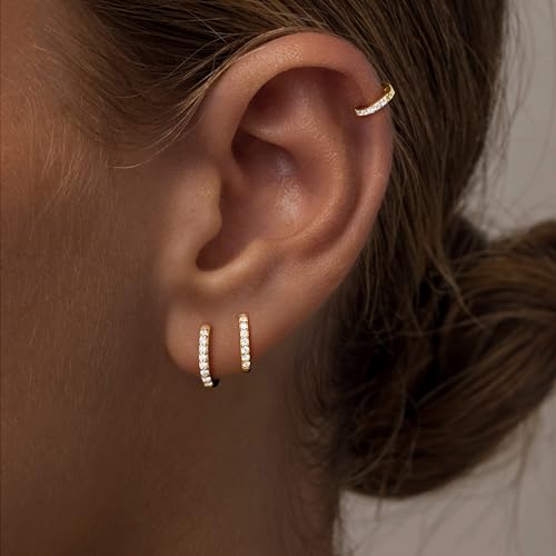 Poxtex Small Sterling Silver Huggie Hoop Earrings Set for Women, Hypoallergenic 14K Gold Plated Hoops Stacks for Multiple Piercings, Dainty Cute Mini Lightweight Cartilage Studs Trendy Jewelry Gift - color: Gold-cz hoops 8 10 12