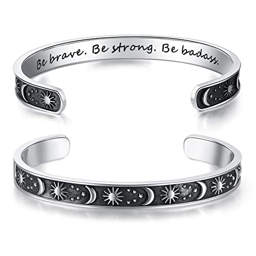 TONY & SANDY Inspirational Bracelets for Women Teen Girls Personalized Gifts for Daughter Granddaughter Mom Sister Friends Stainless Steel Engraved Cuff Birthday Easter Christmas - style: A - Sun & Moon - Be brave be strong be badass
