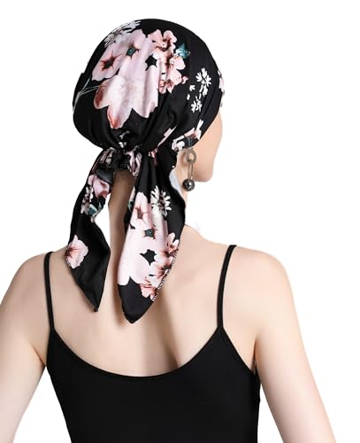 ZLYC Chemo Headwear Pre Tied Head Scarf Headwraps Lightweight Turban Beanie Cap for Women - color: Floral Black