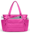 Tote Bag for Women with Zipper, Quilted Puffer Tote Bag with Compartments, Lightweight Puffy Work Bags for Women Travel - color: Raspberry Pink