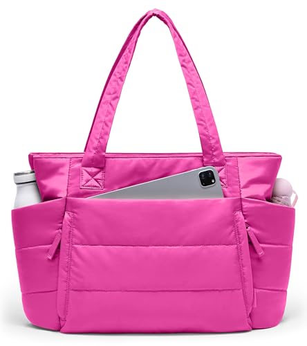 Tote Bag for Women with Zipper, Quilted Puffer Tote Bag with Compartments, Lightweight Puffy Work Bags for Women Travel - color: Raspberry Pink