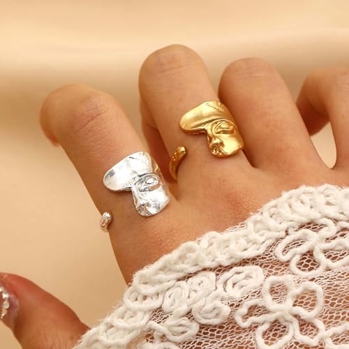 Vintage Abstract Human Face Rings Unique Mask Half Face Band Rings Open Adjustable Sculpture Statement Ring Gold Geometric Knuckle Jewelry for Women - color: Gold