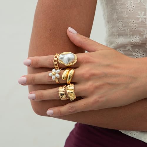 Chunky Gold Rings for Women Non Tarnish Boho Stackable Rings Set Adjustable Open Joint Finger Midi Knuckle Ring Packs - color: Gold Flower Chunky Rings 6Pcs