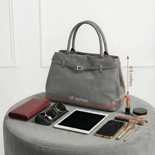 Base’ic Women’s Suede Tote Bag with Gold Hardware – Trendy Slouchy Shoulder Hobo Satchel Handbag Work Purse Travel Gift - color: Grey (Gold Hardware)