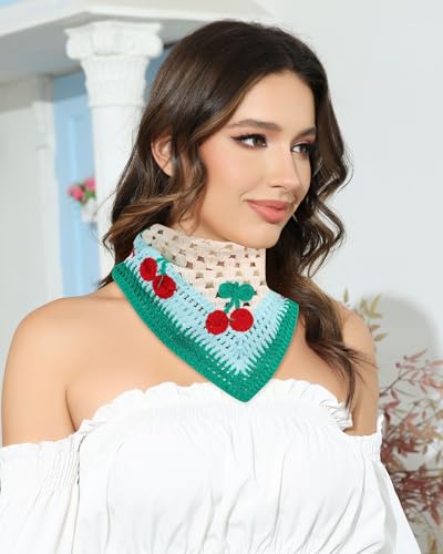 AWAYTR Crochet Head Scarf Hair Bandanas Women Knit Bandana Headband Scarf Tie-Back Head Coverings Floral Headscarf - color: Cherry - Orange + Blue