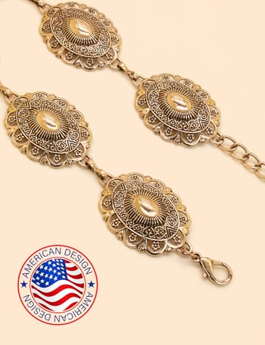 TOPACC Western Metal Concho Belt for Women Cowgirl Chain Belts for Dresses Jeans Country Concert Outfit - color: E Brass Gold, size: Fit Waist: 30-32 in