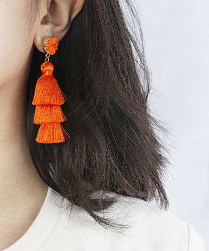 Me&Hz Colorful Layered Tassel Earrings Bohemian Statement Tiered Tassel Big Dangle Drop Earrings for Women Druzy Studs Valentine’s Day Gift - color: Orange
