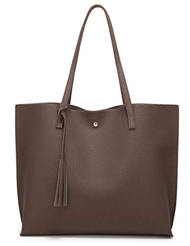 Dreubea Women's Soft Faux Leather Tote Shoulder Bag from, Big Capacity Tassel Handbag - color: Coffee