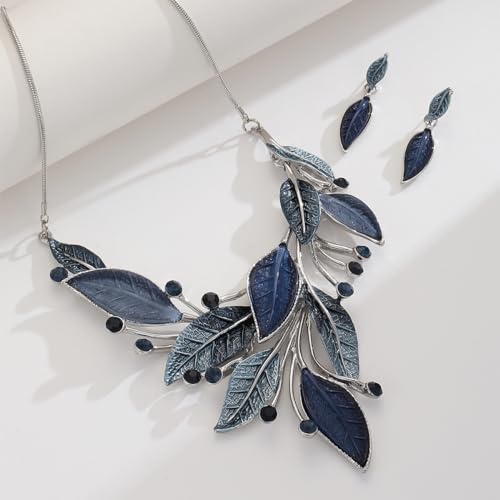Vintage Chunky Statement Jewelry Set Retro Leaf Floral Geometric Bohemian Boho Bib Necklace Earring Set Fashion Costume Jewelry for Women Girls Wedding Party Prom Unique Gift - style: spring leaf-blue grey silver