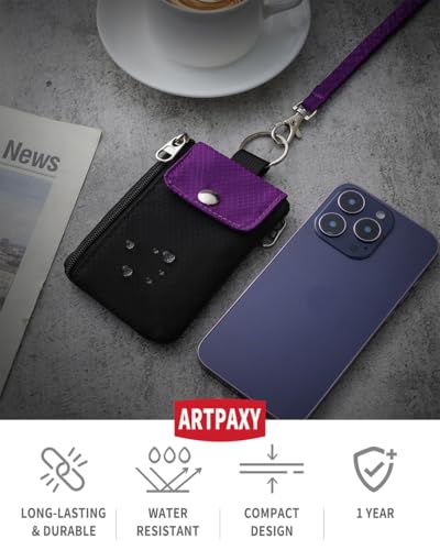 Artpaxy Minimalist Wallet For Mens Womens, Keychain RFID Blocking Zipper Small Wallet with ID Window 2 Lanyards,Water Resistant Travel Cash Card Coin Case Boys Girls - color: Purple Black, style: Casual