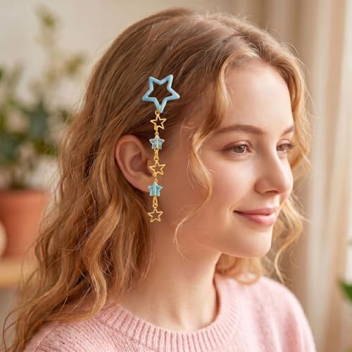 Pndeyo 2pcs Star Tassels Hair Clips for Women, Non-Slip 2000s Y2K Hair Snap Barrettes, Cute Star Beaded Pendant Hair Pin Accessories for Braid Long Short Thin Thick Hair- Blue - color: Blue-2pcs-B Style