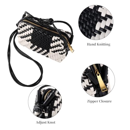 Woven Crossbody Bags for Women Handwoven Purses Vegan Leather Small Handbag Handmade Shoulderbag | Lightweight - color: Black and White