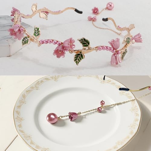 AHONEY Pink Flower Crown Headband for Women Girls Hair Vine Floral Leaf Boho Headband Wedding Fairy Hair Accessories Headpiece - color: Pink