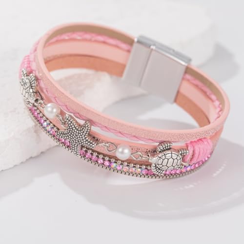 FANCY SHINY Turtle Starfish Leather Wrap Bracelet Boho Rhinestone Pearl Cuff Bracelets for Women Summer Beach Jewelry for Women - color: Pink