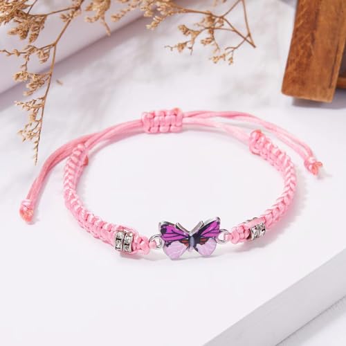 Butterfly Bracelets for Women Colorful Charm Woven Adjustable Strings Butterfly Bracelets Cute Handmade Boho Adjustable Braided Rope for Couple Women Friendship BFF Party Family Jewelry - color: pink