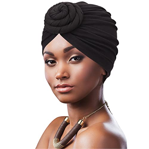 African Women Turban Caps Pre-Tied Twisted Turbans Head Scarf for Women Hair Wraps Cover Beanie Cancer Chemo Headwear - color: 1 Pack Flower: Black a