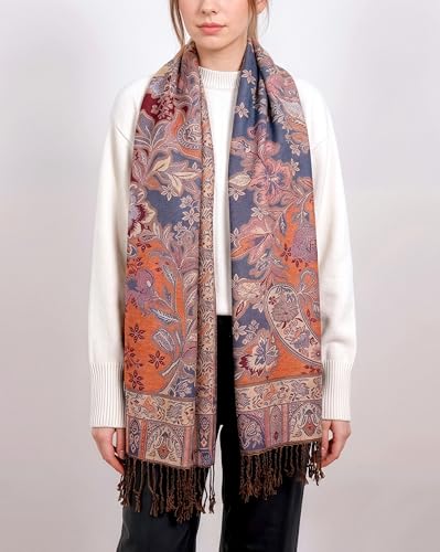 Achillea Elegant Paisley Floral Pashmina Shawl and Wrap – Boho Rave Scarf for Festival, Travel & Everyday Wear - color: Navy Rust