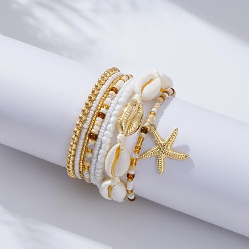 Shell Bracelet Seashell Boho Beaded Stretch Bracelets for Women Summer Beach Bracelets Starfish Charm Bracelet Stackable Gold Plated Bracelets Set for Women - color: b-white
