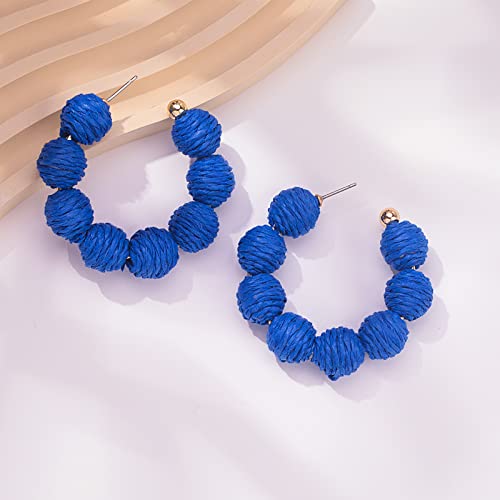 Raffia Hoop Earrings Statement Boho Beaded Earrings Cute Rattan Handmade Colorful Jewelry for Women Unique Summer Outfits - color: Royal Blue