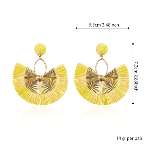 Anmpab Straw Fan Bohemian Tassel Earrings for Women Trendy Colorful Fringe Summer Beach Statement Earrings - color: Yellow