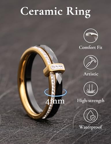 King Will 4mm/6mm Black Ceramic Rings, Men's Wedding Rings Spinner Flat Cut Wedding Band for Men Women Comfort Fit and Durable - color: Black 4mm