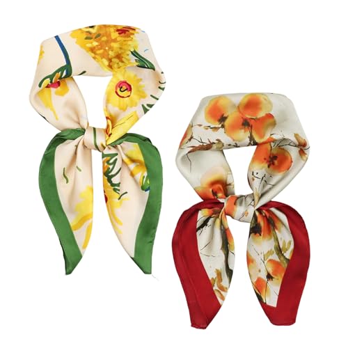 vimate Head Scarf for Women Hair 27'' Square Satin Silk Feeling Bnadana Neck Scarf Handbag Accessories Etc - color: D100#.2 Pack-oil Painting Landscape