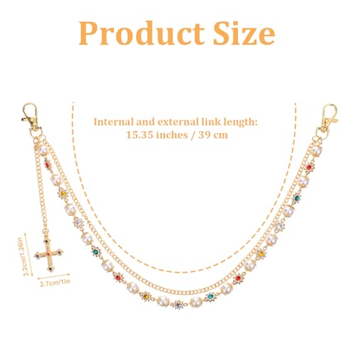 Hip Hop Waist Belt Chain Pearl Rhinestones Cross Double Layer Pants Chain Punk Rock Gold Chains for Pants Jeans Concerts Festivals Daily Outfits keychain Wallet Bag Jewelry Men Women