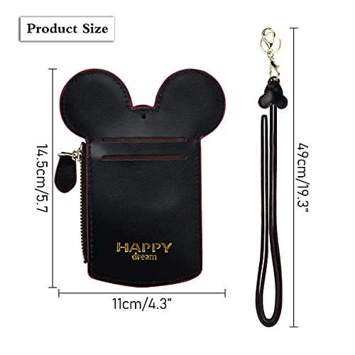 BUUFAN Chic Black Cute Travel PU Leather Student ID Card Holder Lanyard Neck Pouch Bag With Coin Wallet Purse for Students Women Kids Teens Girls - color: BLACK