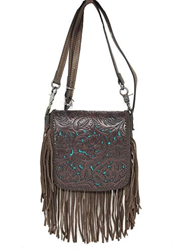 Western Genuine Leather Floral Tooled Fringe Womens Crossbody Bag 3 Color - color: Coffee/Turquoise