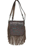 Western Genuine Leather Floral Tooled Fringe Womens Crossbody Bag 3 Color - color: Coffee/Turquoise
