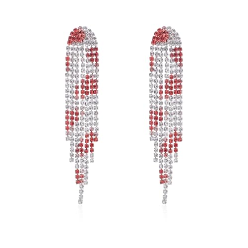 Rhinestone Tassel Earrings Sparkly Long Fringe Crystal Chandelier Dangle Drop Earrings Wedding Party Prom Earrings Premium Iridescent Earrings Wedding Party Jewelry Gifts for Women - color: Silver+Red1