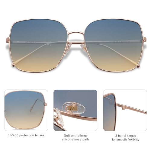 SOJOS Trendy Oversized Square Metal Frame Sunglasses for Women Men Retro Big Flat Lens UV Protection Sunglasses SJ1146 - color: Rose Gold/Gradient Bluish-brown