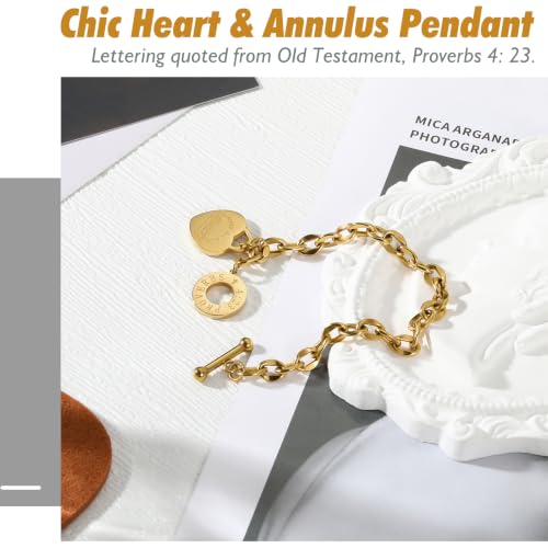Emibele Heart Charm Bracelet for Women, Bible Verse Bracelet Stainless Steel 18K Gold Plated Bracelet Love Pendant Link Chain OT Clasp, Birthday Christmas Jewelry Gift for Mother Her - color: 14K Gold Heart