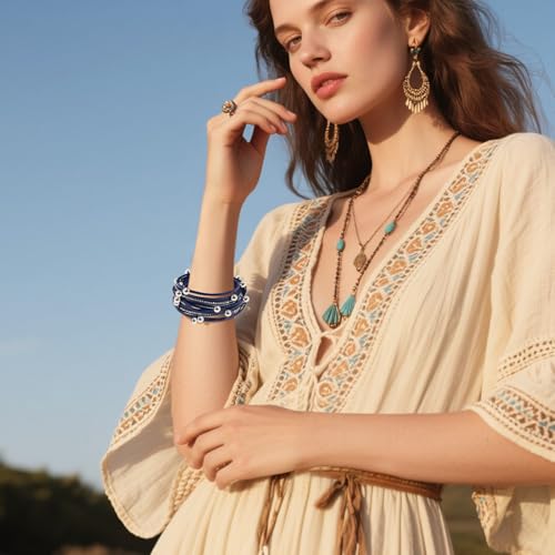 VIBILIA Boho Leather Wrap Bracelets for Women Multi-Layer Bracelets with Strong Clasp Jewelry for Women - color: 07-Beads-Blue