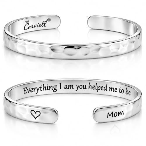 Carviell Bracelet - Gifts for Women – Inspirational, Friendship, Love, Mom, Daughter, Sister, Christian, Graduation, Memorial & Wedding Gifts – 100+ Phrases – Stainless Steel, Gift-Ready - style: MOM's Gift - Everything I am you helped me to be