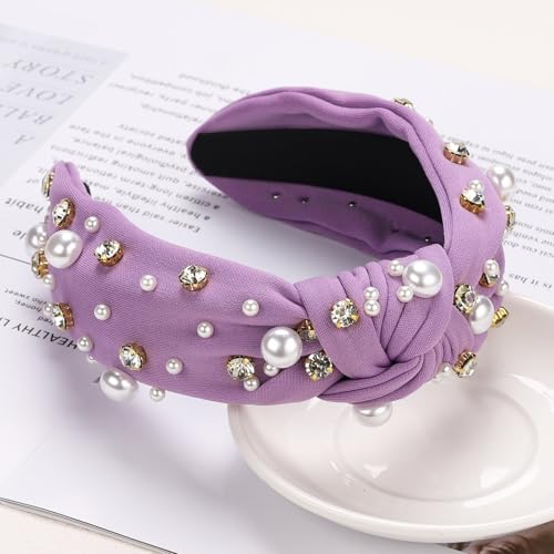 WantGor Pearl Knotted Headband, Women Rhinestone Embellished Hairband Elegant Wide Top Knot Bride Headbands Headpieces Party Fashion Elegant Ladies Hair Band Hair Hoop Accessories (Purple) - color: Purple