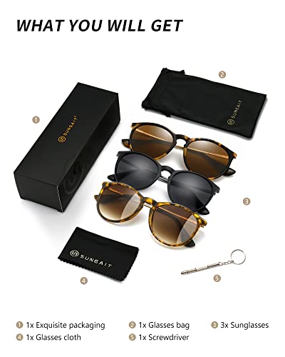 SUNGAIT Premium Vintage Round Sunglasses for Women Men Classic Retro Trendy Style - color: 3 Pack (Polarized): Matte Amber/Brown Gradient+matte Black/Gray+glossy Leopard/Brown