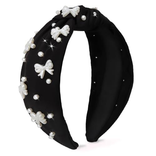 Black Headband Bow Pearl Knotted Headbands for Women Girls Cute Fashion Wide Headbands for Women Non Slip Hairbands Head Bands for Women's Hair Bow Hair Accessories - color: Black-03